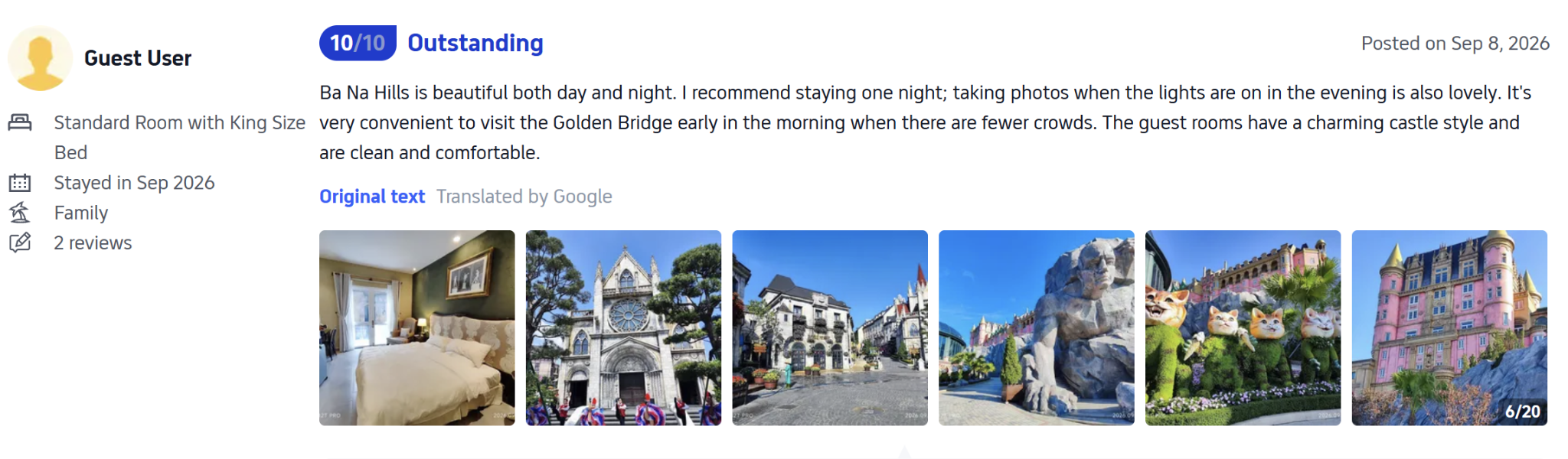 Review 10/10 trên Trip.com cho rằng lưu trú qua đêm giúp du khách cảm nhận Bà Nà ở cả hai thời điểm ngày – đêm và có thêm những trải nghiệm khác biệt vào sáng sớm