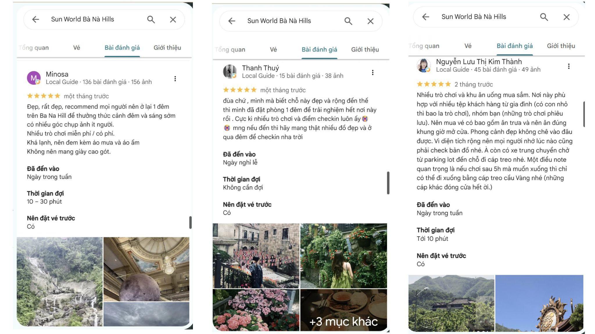 Một số đánh giá 5 sao trên Google Reviews nhấn mạnh quy mô, sự đa dạng trải nghiệm và mong muốn dành nhiều thời gian hơn tại Sun World Ba Na Hills.