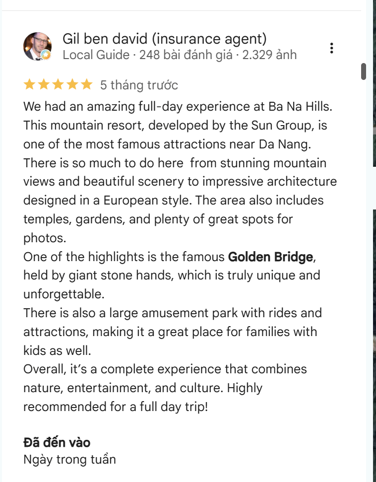 Du khách Gil ben david đánh giá 5 sao trên Google Reviews và gọi Cầu Vàng là một trong những điểm nổi bật trong hành trình khám phá Bà Nà Hills.