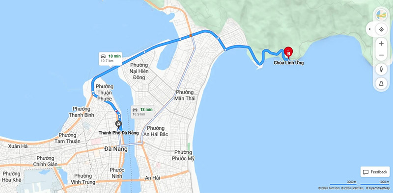 Khoảng cách từ trung tâm Thành phố Đà Nẵng đến chùa Linh Ứng Bãi Bụt khoảng 10km