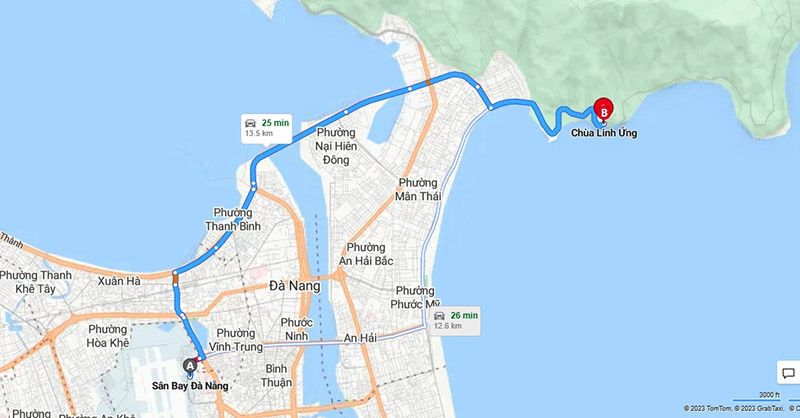 Khoảng cách từ sân bay Đà Nẵng đến chùa Linh Ứng Bãi Bụt khoảng 13km