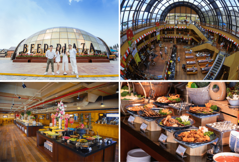 Nhà hàng Beer Plaza rộng lớn, có sân khấu riêng, phục vụ buffet Á – Âu với điểm nhấn là bia và đặc sản Đức