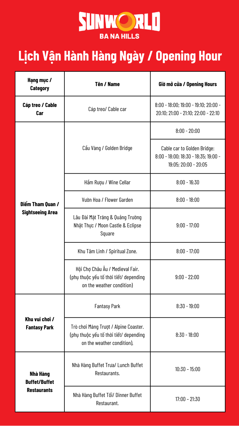 Lịch Vận Hành Hàng Ngày Opening Hour