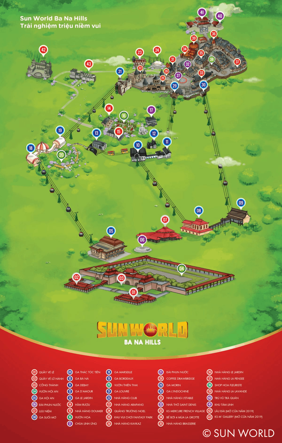 Bản đồ tuyến cáp treo và các điểm vui chơi ở Sun World Ba Na Hills