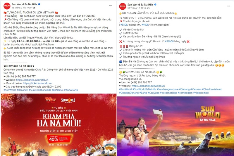 Các bài đăng thông báo ưu đãi, giảm giá trên fanpage Sun World Ba Na Hills