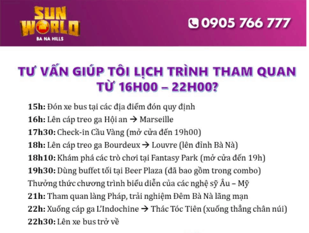 Gợi ý lịch trình tham quan bà nà tự túc chiều - tối (từ 16h00 - 22h00)