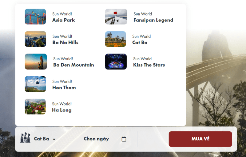 Bước 1 để mua vé cáp treo qua website chính thức của Sun World