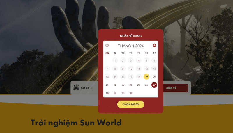 Bước 2 để mua vé cáp treo qua website chính thức của Sun World