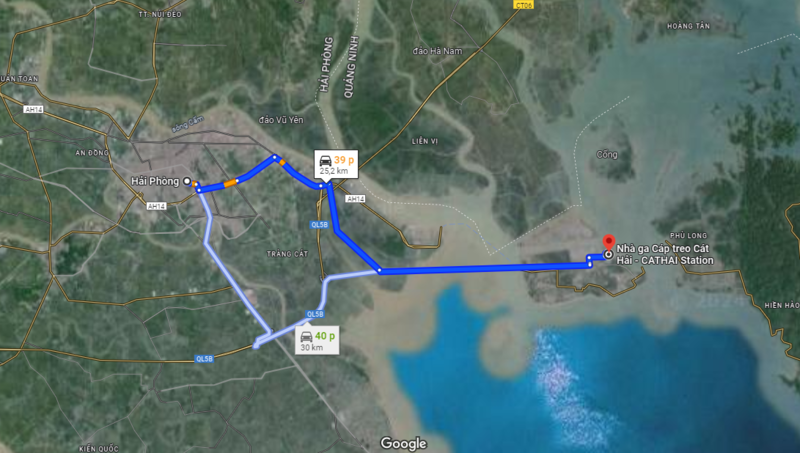 Khoảng cách từ trung tâm thành phố Hải Phòng đến ga Cát Hải (Nguồn: Google Maps) 