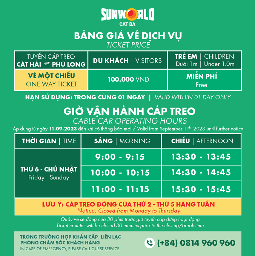 Giờ vận hành tuyến cáp treo Cát Bà (áp dụng từ ngày 11/09/2023 cho đến khi có thông báo mới nhất)