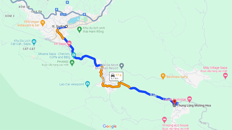 Quãng đường từ trung tâm Sa Pa đến thung lũng Mường Hoa (Nguồn: Google Maps)