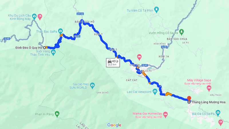 Cung đường từ đèo Ô Quy Hồ đến thung lũng Mường Hoa (Nguồn: Google Maps)