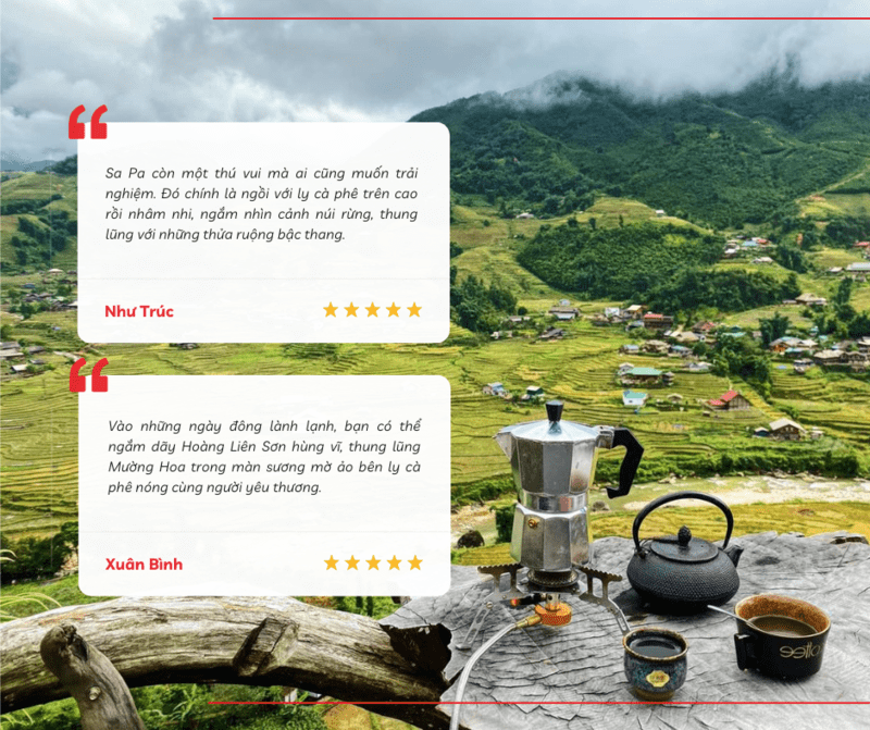 Du khách trải nghiệm uống cà phê và cảm nhận tiết trời mát lạnh tại thung lũng Mường Hoa