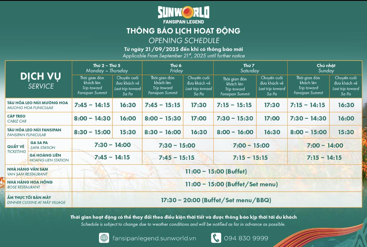Lịch trình chi tiết các dịch vụ tại Sun World Fansipan Legend được cập nhật chi tiết trên fanpage chính thức 