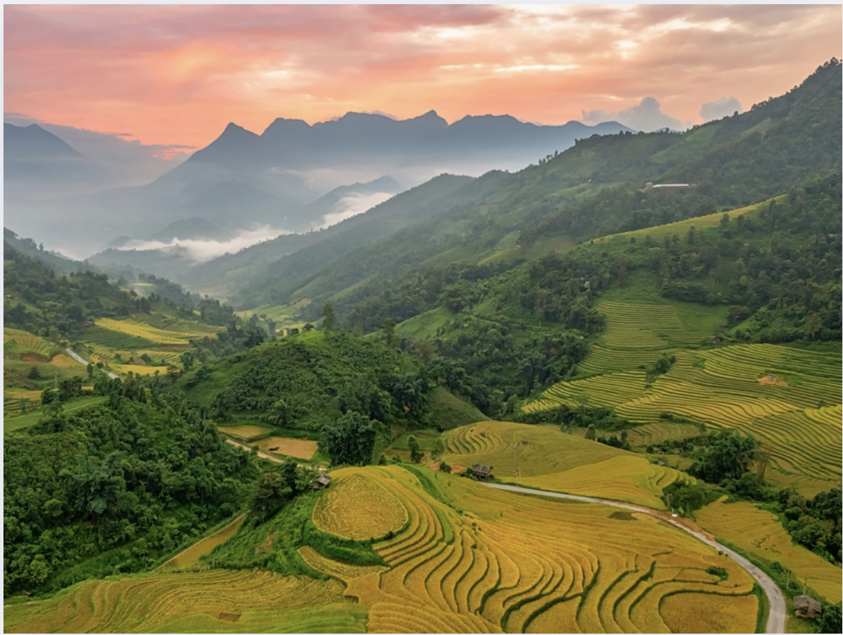 Sa Pa mùa thu kéo dài từ tháng 7 đến tháng 9 đẹp dịu dàng bởi những thửa ruộng bậc thang chín vàng. 