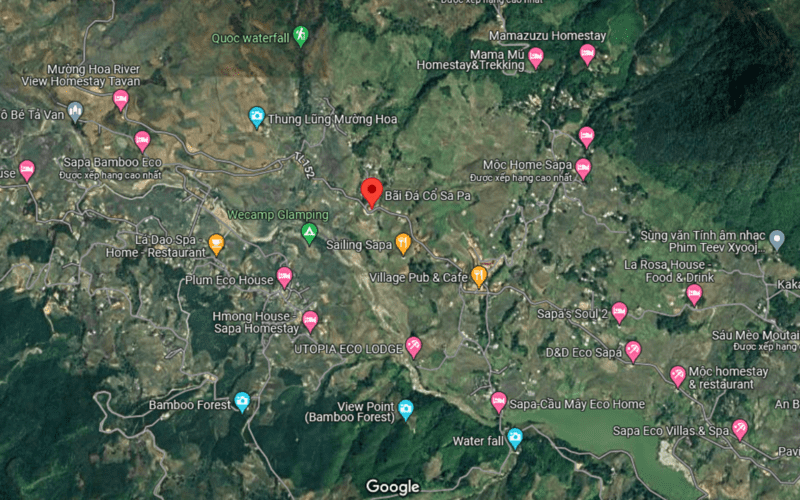 Vị trí của bãi đá cổ Sa Pa nhìn trên bản đồ vệ tinh