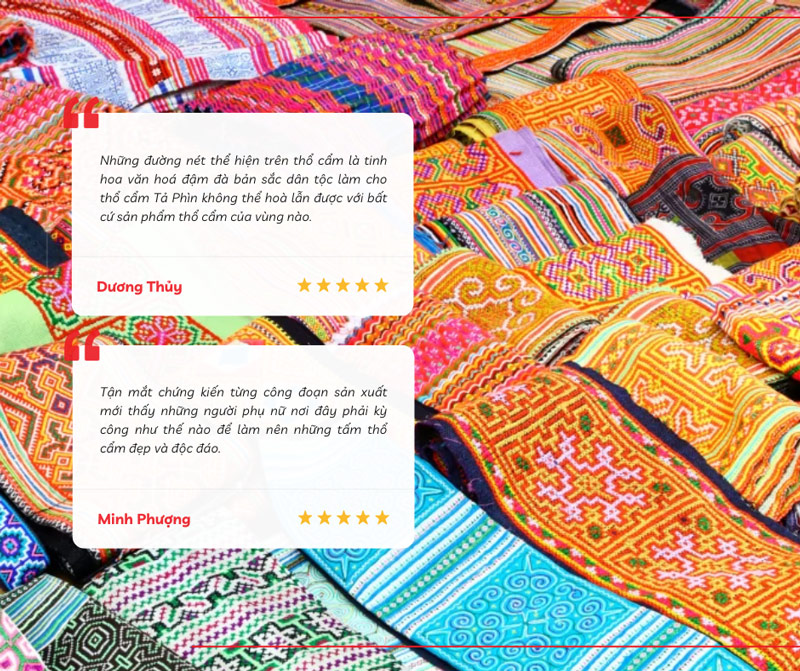 Du khách tỏ vẻ thích thú trước các mặt hàng thổ cẩm độc đáo của bản Tả Phìn