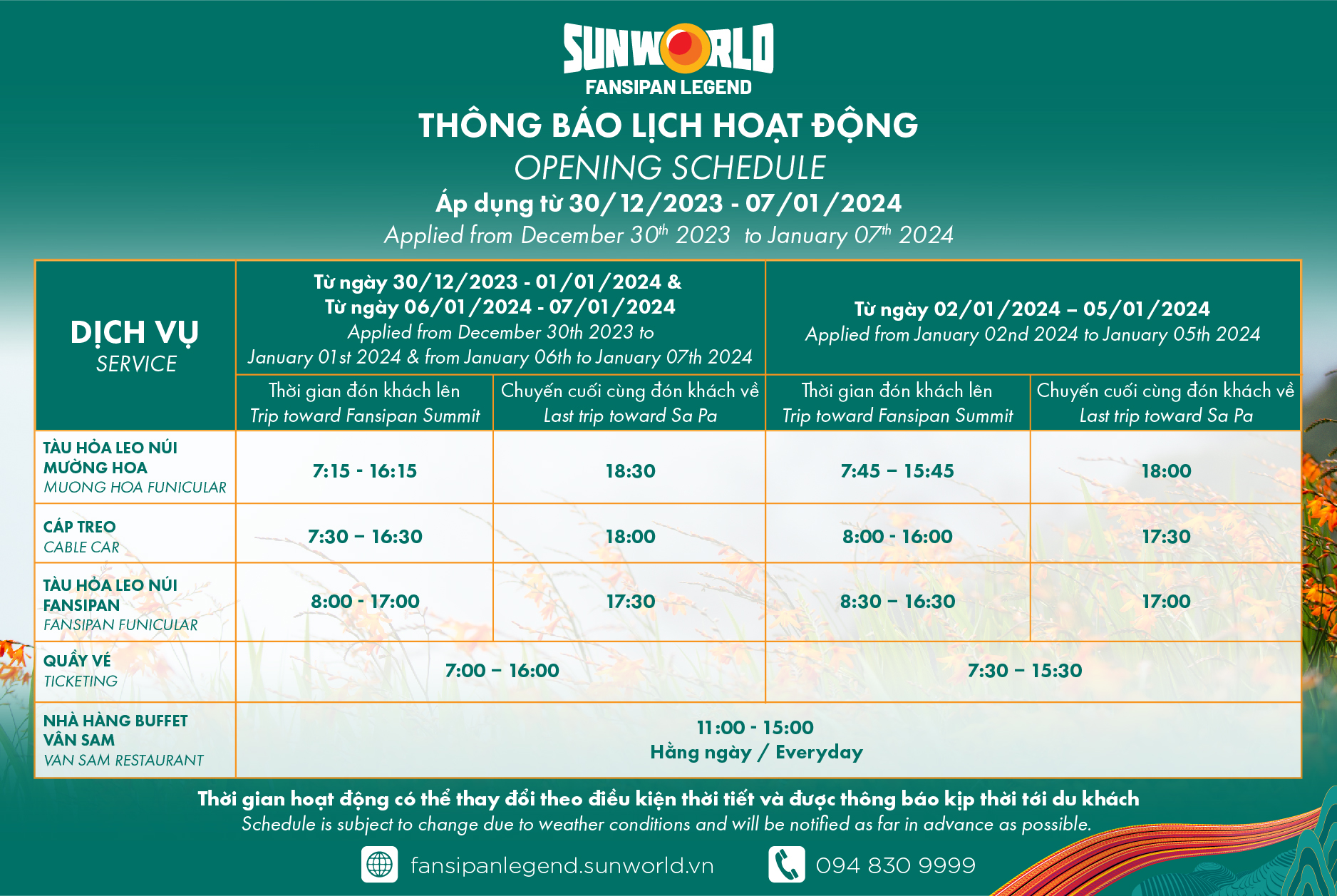 Lịch hoạt động Sun World Fansipan Legend từ ngày 31/12/2023 - 07/01/2024 