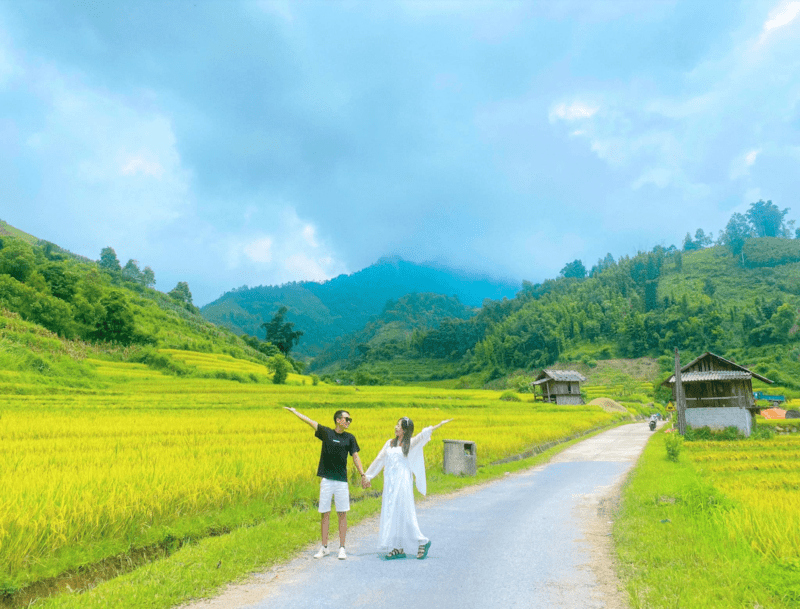 Du khách tản bộ trên con đường làng với hai hàng lúa chín rộ