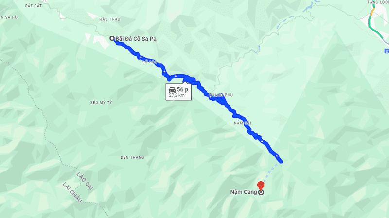 Bản đồ đường đi từ bãi đá cổ Sa Pa đến bản Nậm Cang