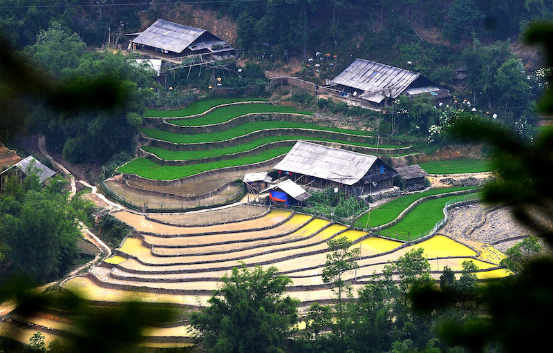 Ruộng bậc thang mùa nước đổ bao quanh những ngôi dân thô sơ