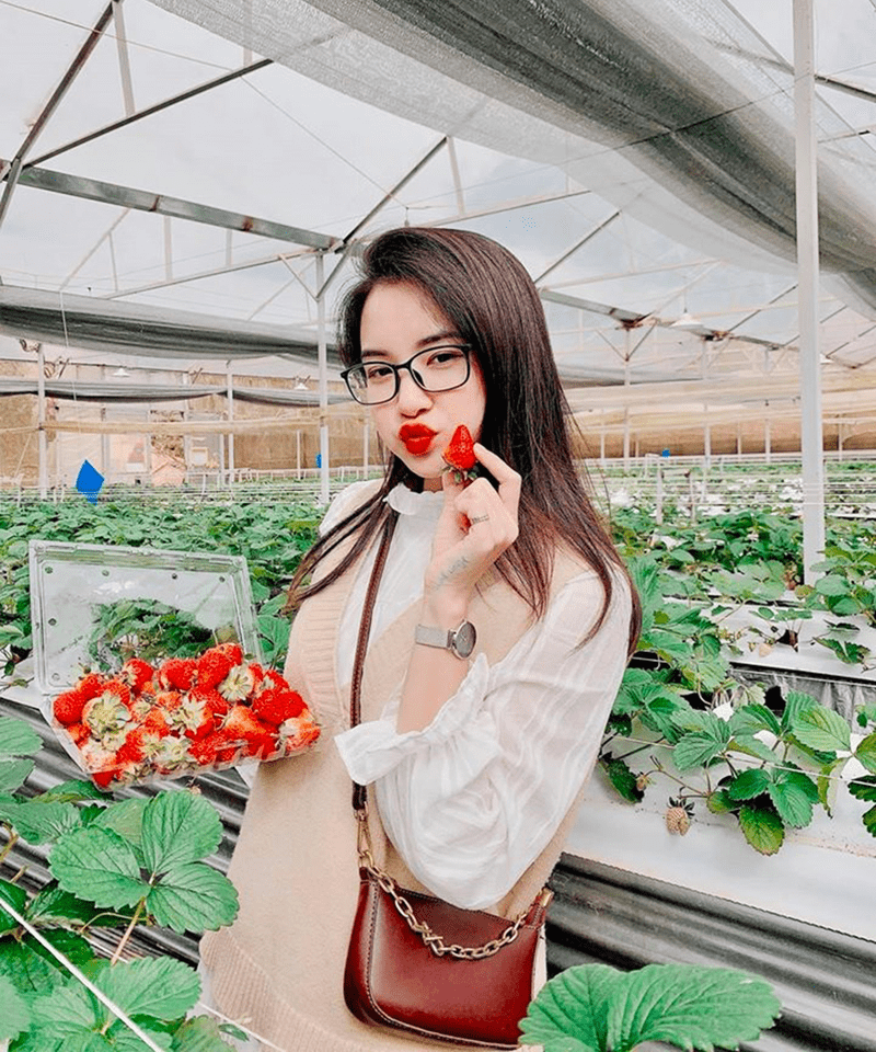 Áo sơ mi trắng tay bồng phối với gile len mỏng màu be là trang phục hoàn hảo cho bạn khi check-in tại các vườn dâu Sa Pa