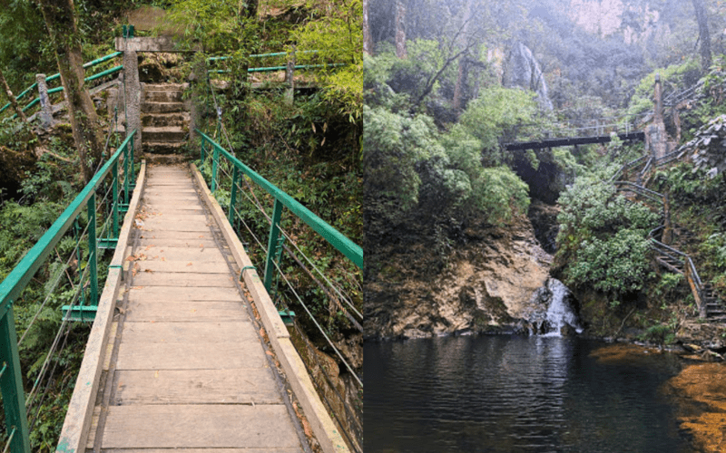 Cây cầu gỗ mộc mạc vắt ngang vách suối cheo leo