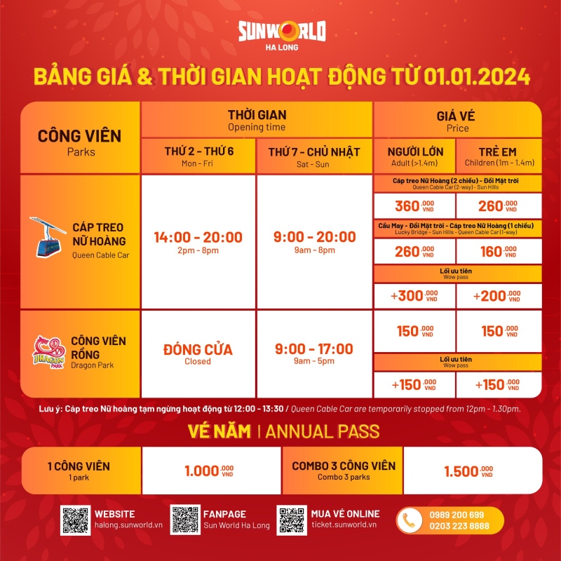 Bảng giá và thời gian hoạt động của SunWorld Ha Long 