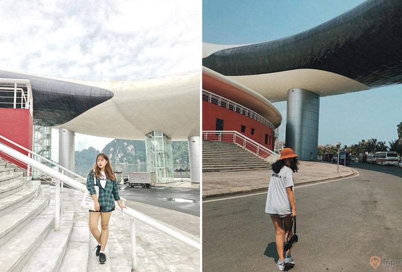 Du khách có thể lựa chọn góc chụp nghiêng lấy được cả bức tường đỏ và phần cung bề thế trên không