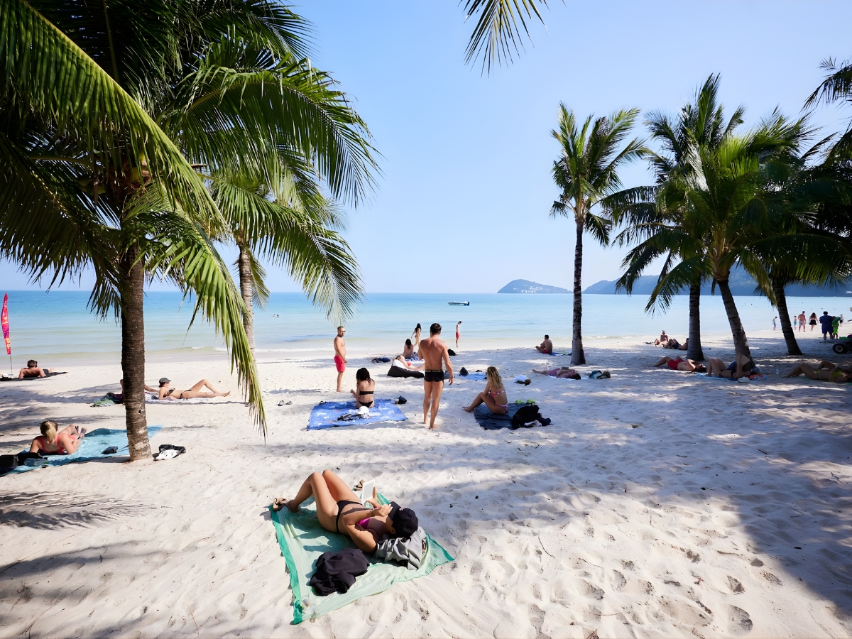 Du khách có thể thỏa thích tắm biển hoặc tắm nắng dưới hàng dừa xanh mát