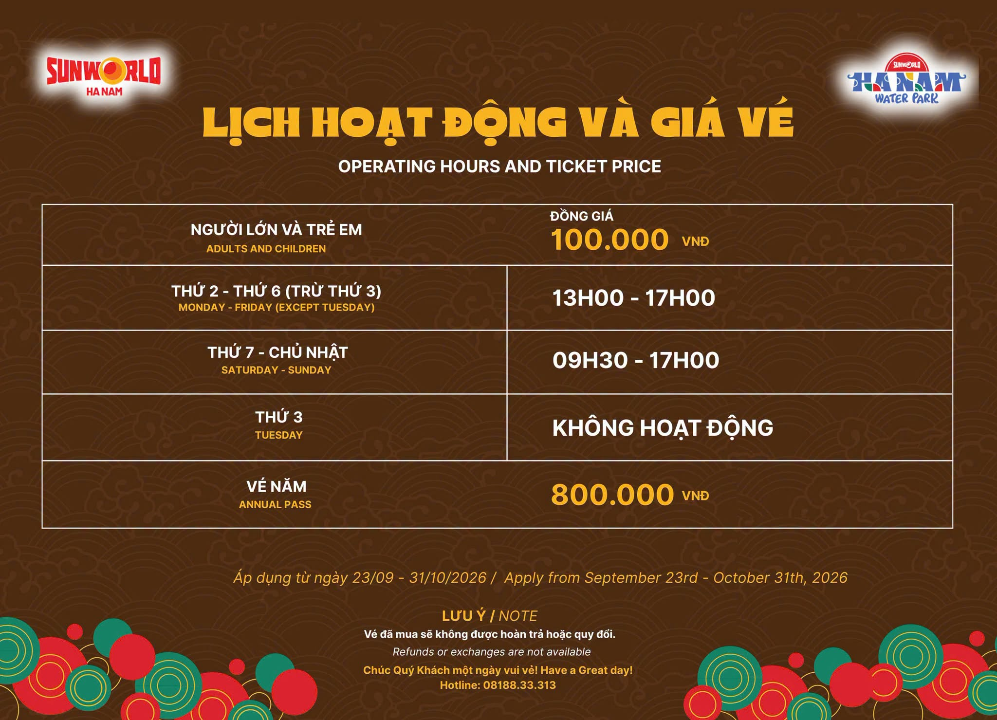 Giá vé Sun World Ha Nam (Nguồn: fanpage Sunworld Ha Nam)