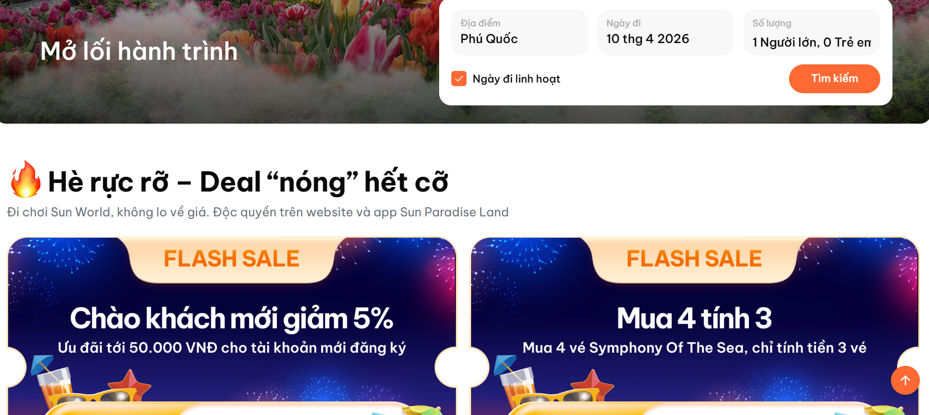 Đặt vé qua website chính thức Sun World hoặc ứng dụng Sun Paradise Land giúp du khách chủ động lịch trình và theo dõi các chương trình ưu đãi đang áp dụng.