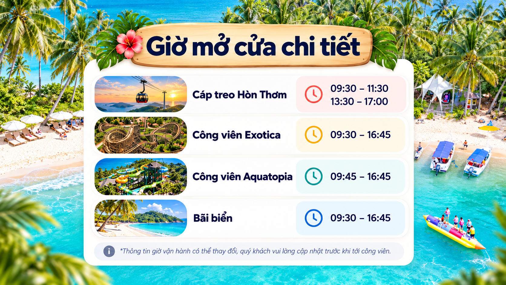 Khung giờ hoạt động của cáp treo Hòn Thơm và Sun World Hon Thom.