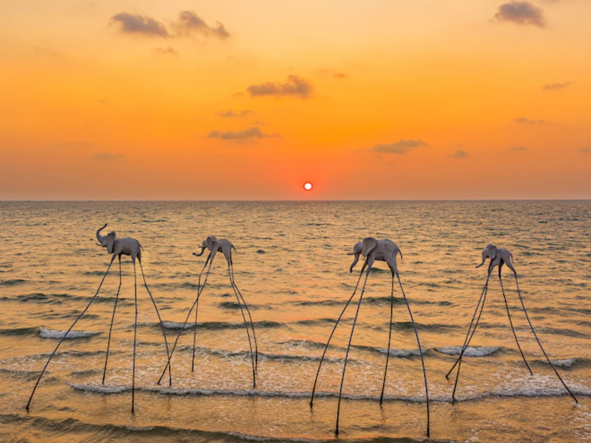 Hoàng hôn tại Sunset Sanato Beach Club phủ sắc vàng cam rực rỡ, tạo nên khung cảnh biển đầy nghệ thuật và cuốn hút.
