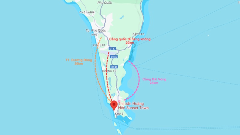 Hình ảnh trực quan về khoảng cách địa lý từ Sunset Town tới các địa điểm khác trên Google Maps