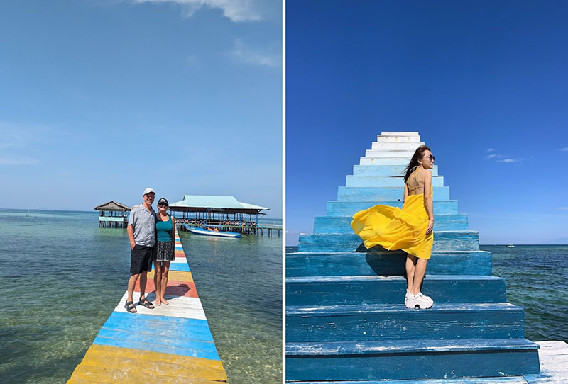 Ngoài sao biển, bạn có thể check-in với cầu gỗ dẫn đến nhà bè hoặc tạo dáng từ phía dưới cầu thang nhìn lên