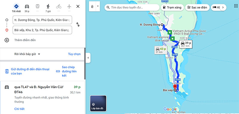 Để di chuyển từ trung tâm Dương Đông đến làng chài Hòn Thơm sẽ mất khoảng 45 phút với đoạn đường dài khoảng 30km
