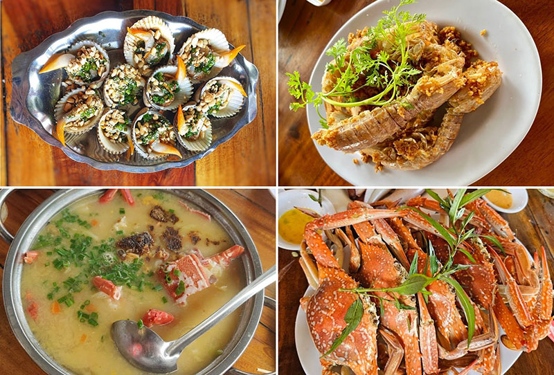 Một số món nổi bật tại đây như ghẹ Hàm Ninh hấp, tôm tít rang muối ớt, cháo tôm hùm… 