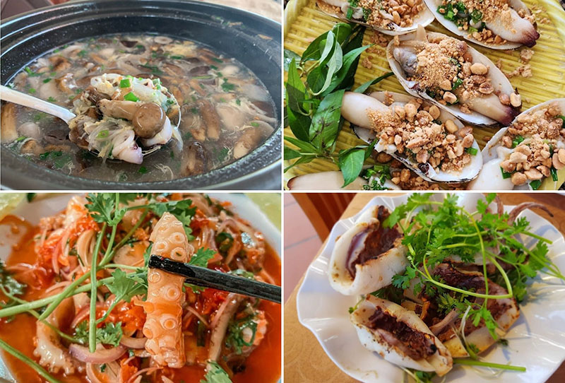 Các món hải sản được chế biến bằng cách nướng lên hoặc trộn gỏi luôn được thực khách yêu thích khi ăn tại nhà hàng Biển Xanh