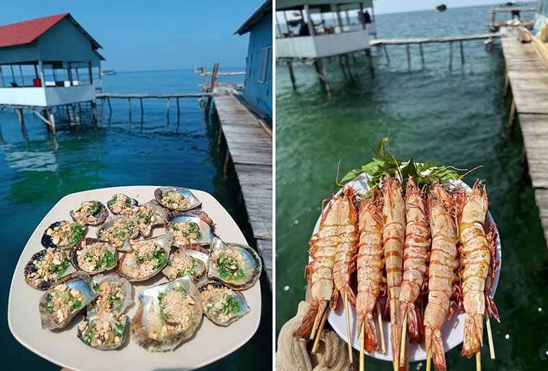 Món tôm nướng muối ớt và ốc nướng mỡ hành tại nhà bè Tình Yêu được thực khách vô cùng yêu thích