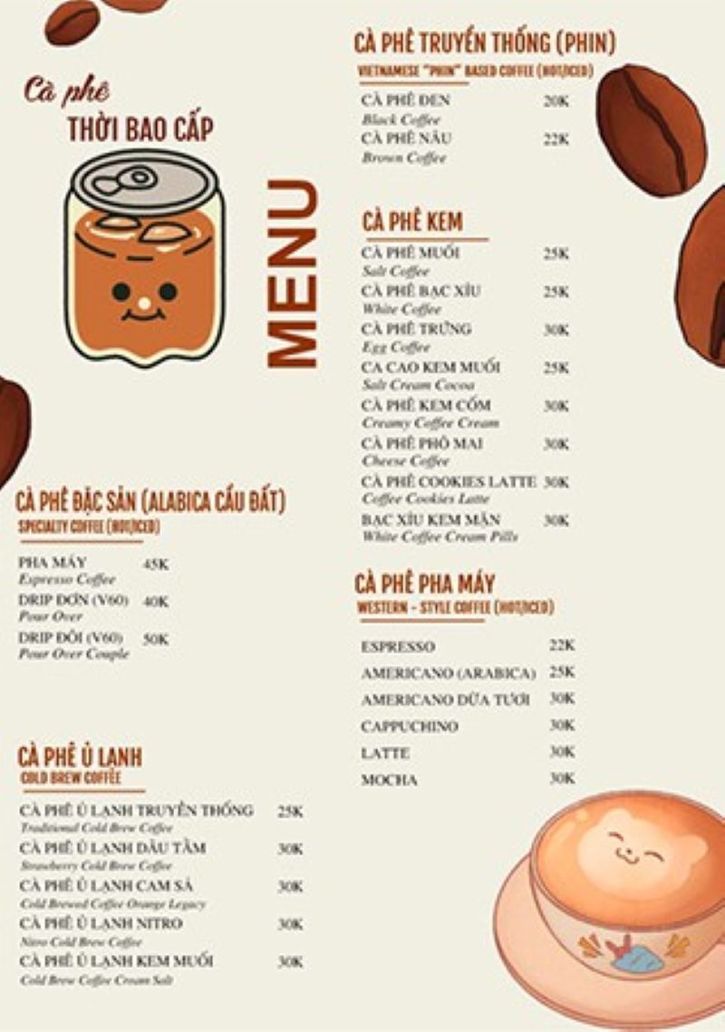 Menu Cafe bao cấp