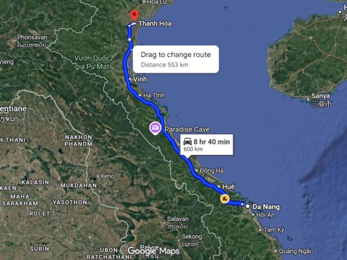 Quãng đường từ Đà Nẵng đi Thanh Hóa dài khoảng 600 - 610 km.
