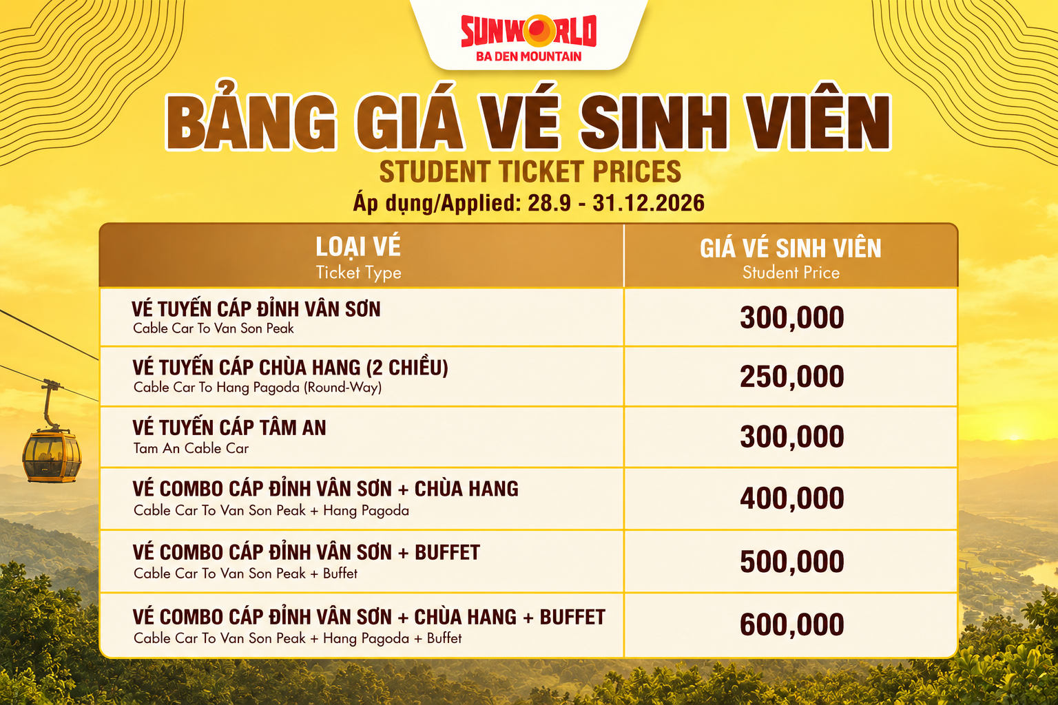 Bảng giá vé ưu đãi dành cho sinh viên khi tới Núi Bà Đen