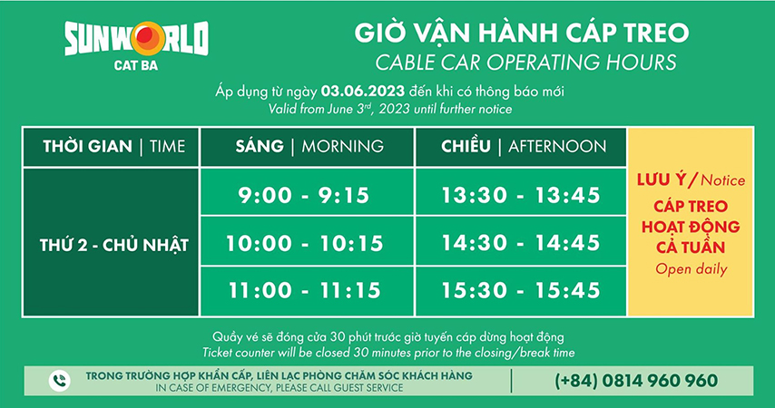 Cập nhật giờ vận hành cáp treo Cát Hải – Phù Long, áp dụng từ ngày 03/09/2025 03/06/2023 cho đến khi có thông báo mới nhất