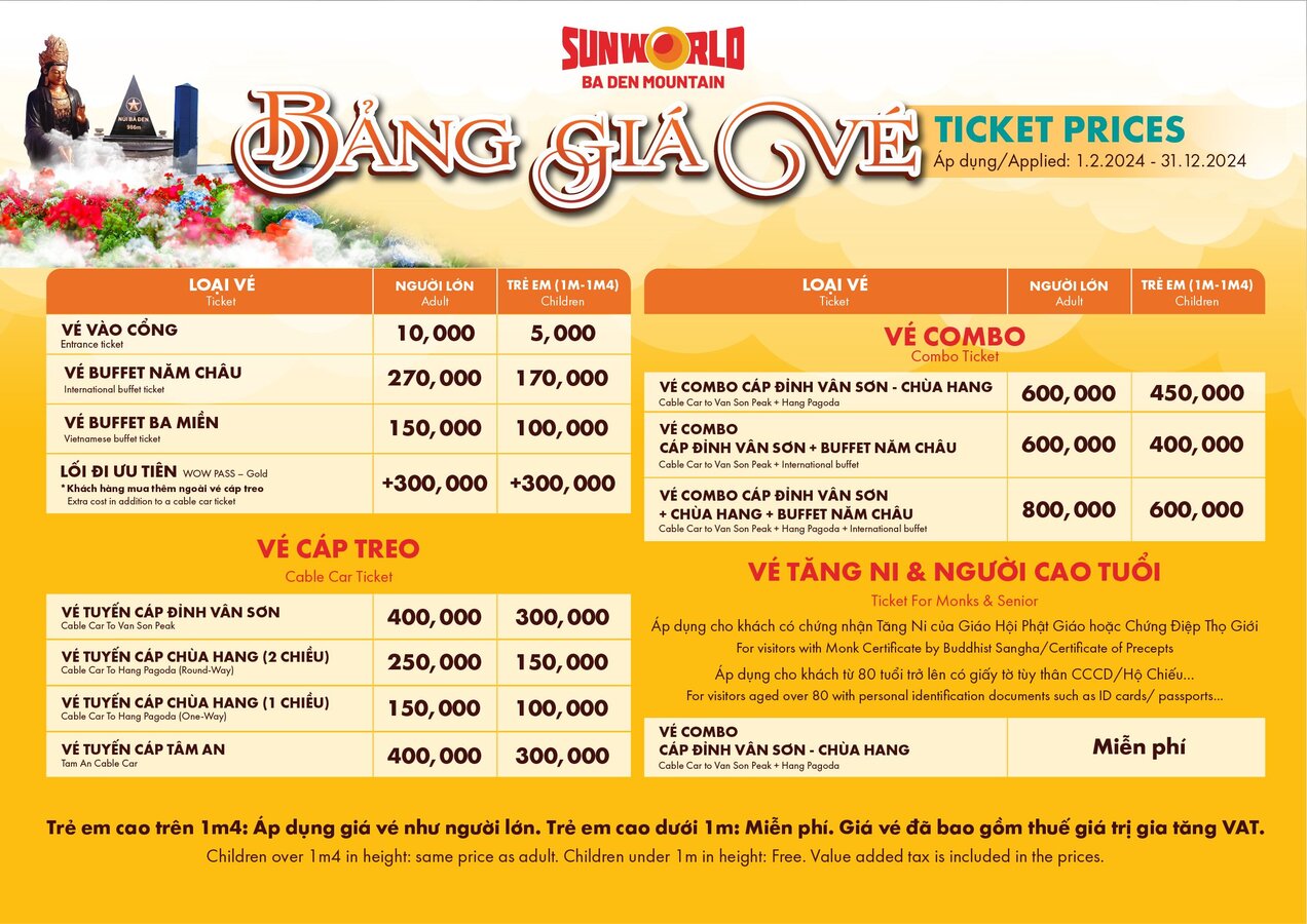 Bảng giá vé trong năm 2025 tại Sun World Ba Den Mountain.