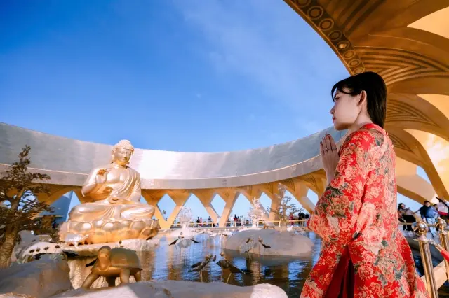 Du khách cầu nguyện trước Tượng Phật Câåu Na Hàm Mâu Ni tại núi Bà Đen