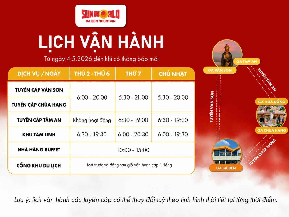 Lịch vận hành cáp treo Núi Bà Đen cập nhật theo từng ngày trong tuần.