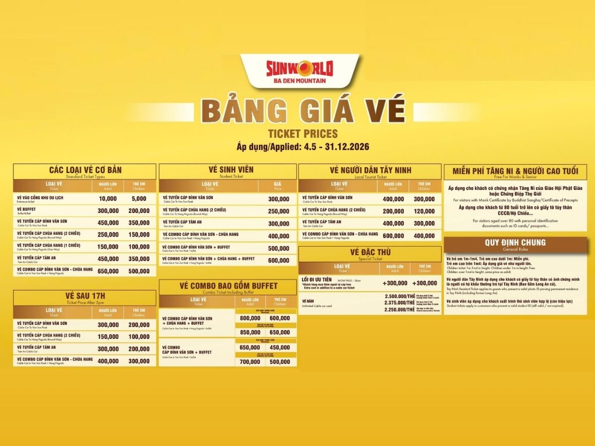 Bảng giá vé cáp treo chi tiết với nhiều hạng mục ưu đãi khác nhau.