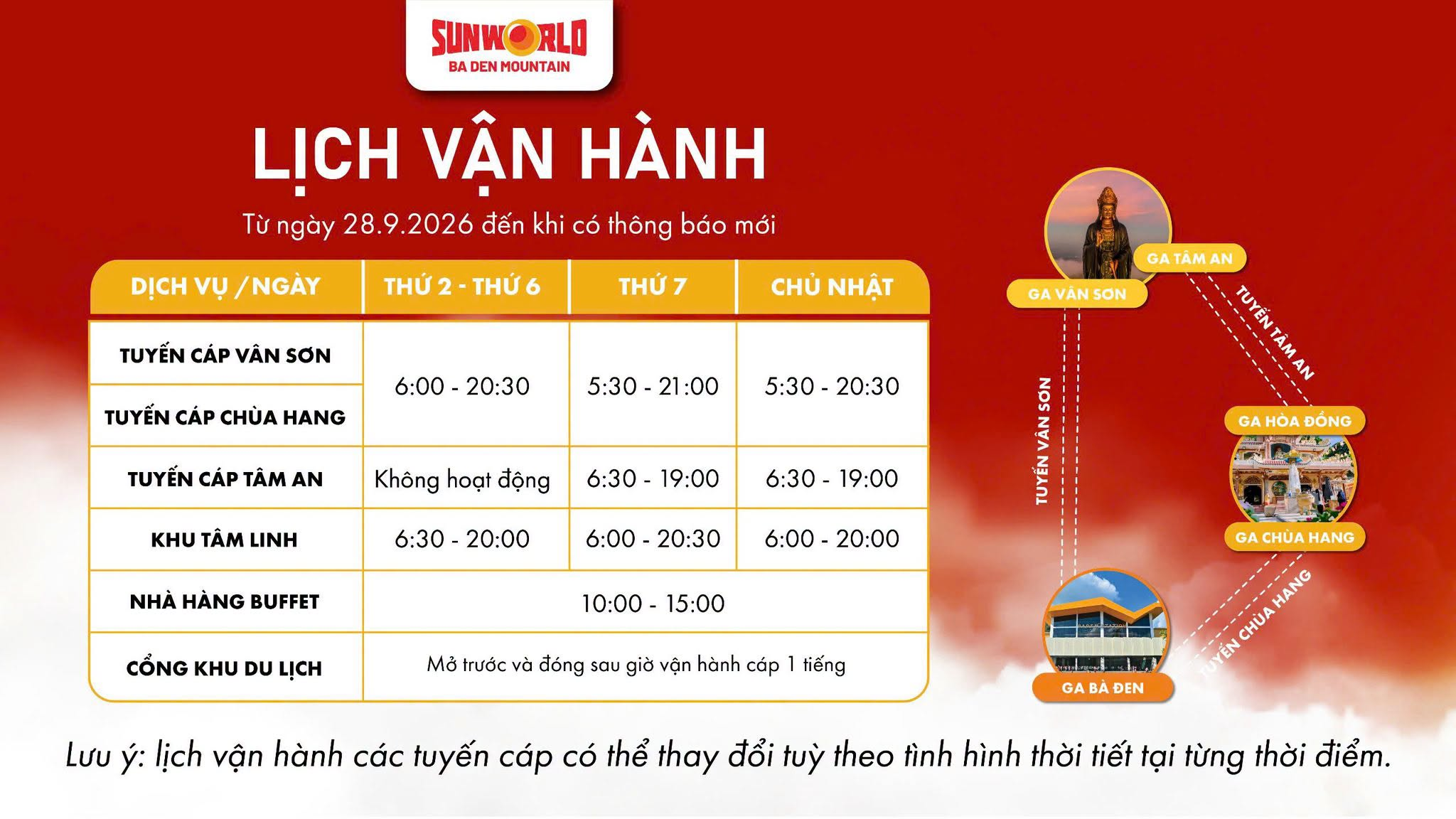 Lịch vận hành Sun World Ba Den Mountain từ ngày 28/09/2026 đến khi có thông báo mới