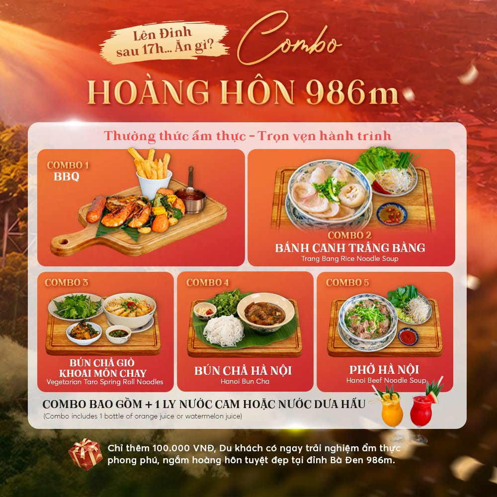 Combo Hoàng Hôn 986m kết hợp trải nghiệm ẩm thực đa dạng, mang đến lựa chọn hấp dẫn cho hành trình khám phá Núi Bà Đen vào chiều tối